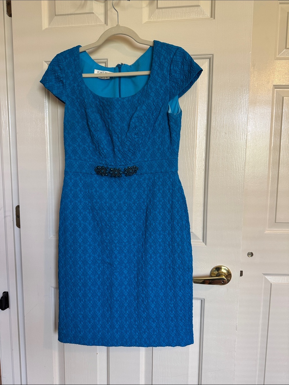 Kay Unger Bright Teal Lace-Texture Sheath Dress with Beaded Waist